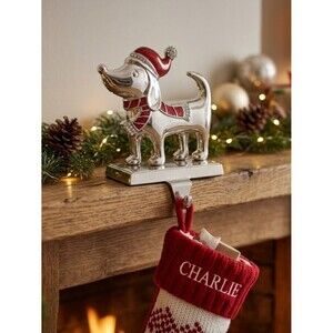 Glitzhome Silver Dachshund Dog Stocking Holder Santa Hat Rhinestone Scarf Mantel